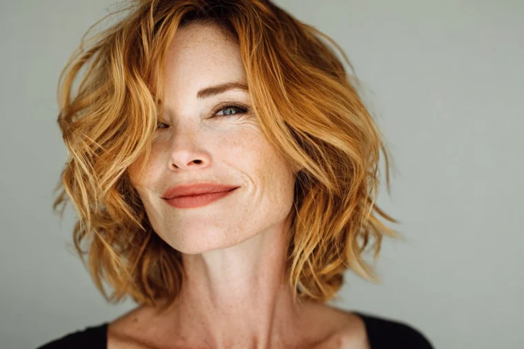 reife frau mit lockigem haar in kupfer mit blonden strähnchen