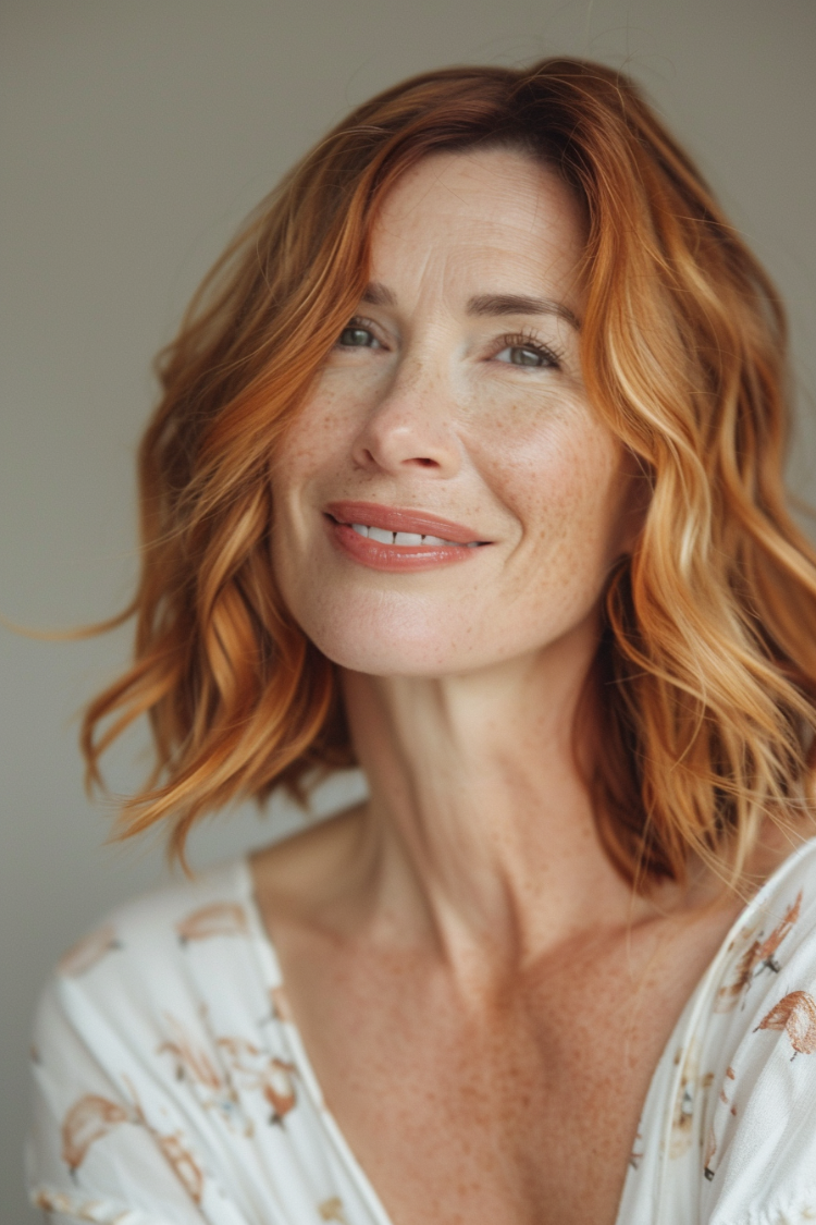 reife frau mit wavy bob in kupfer farbe