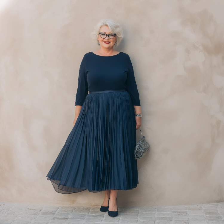 stilvolle kurvige frau 50 jahre alt, blond, hochzeitsgast trägt plisseerock