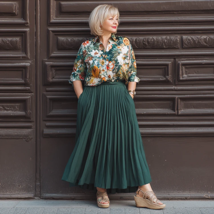 stilvolle kurvige frau 50 jahre alt, blond, trägt dunkelgrünen plisseerock und florales oberteil und wedge sandalen als hochzeitsgast