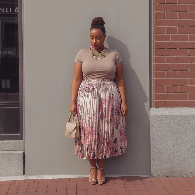 stilvolle kurvige frau hochzeitsgast trägt plissee blumenrock und plain top