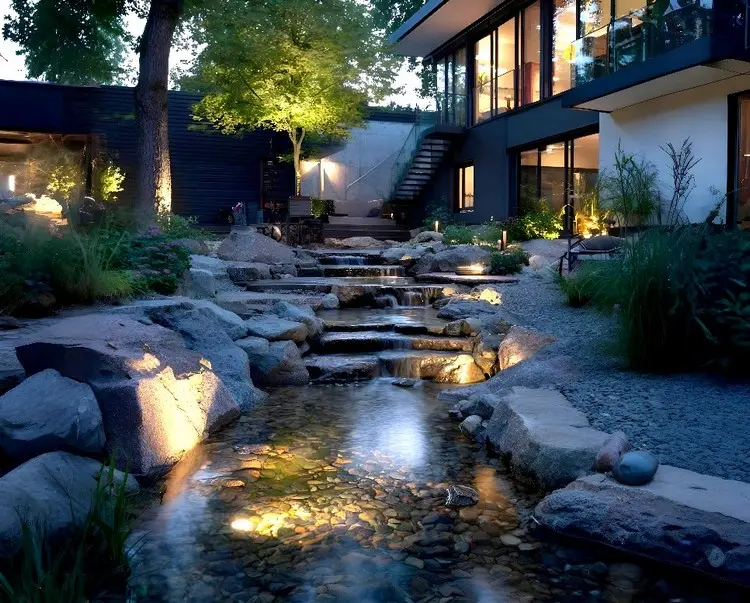 Unterwasserbeleuchtung im Kiesbett eines Garten-Bachs