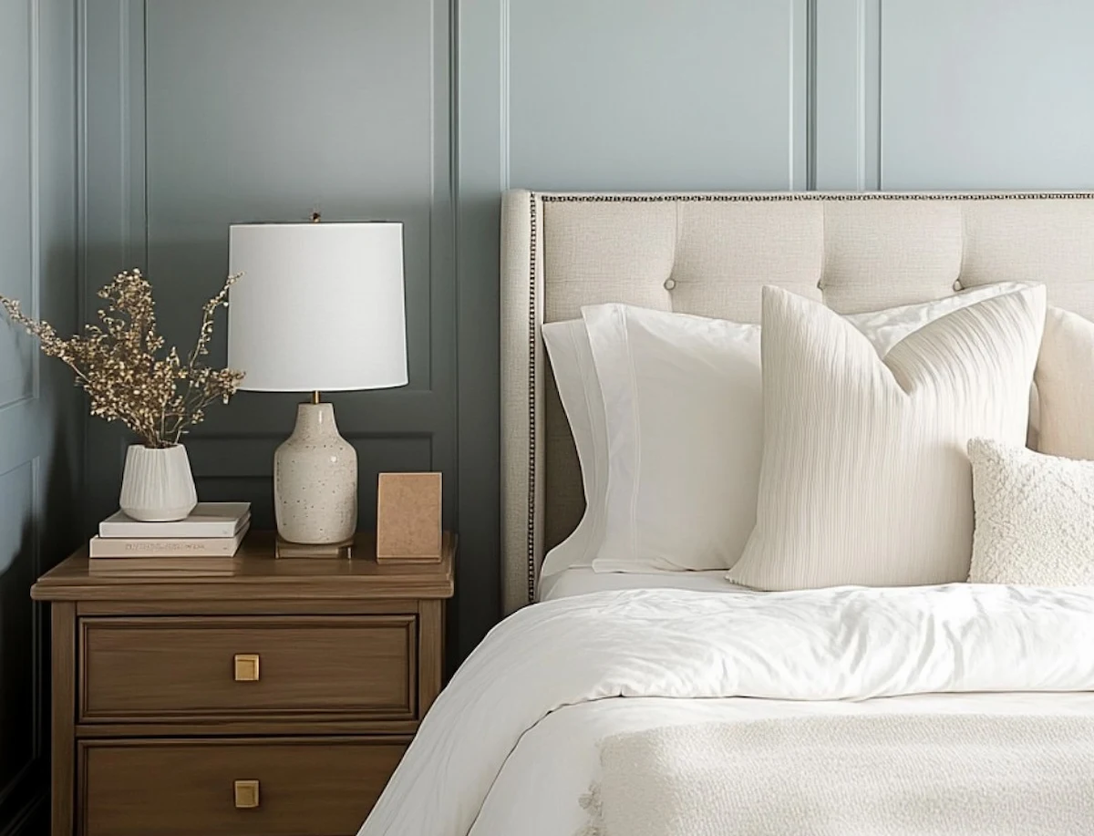 Wandfarbe Dusty Blue für die Schlafzimmer-Wand