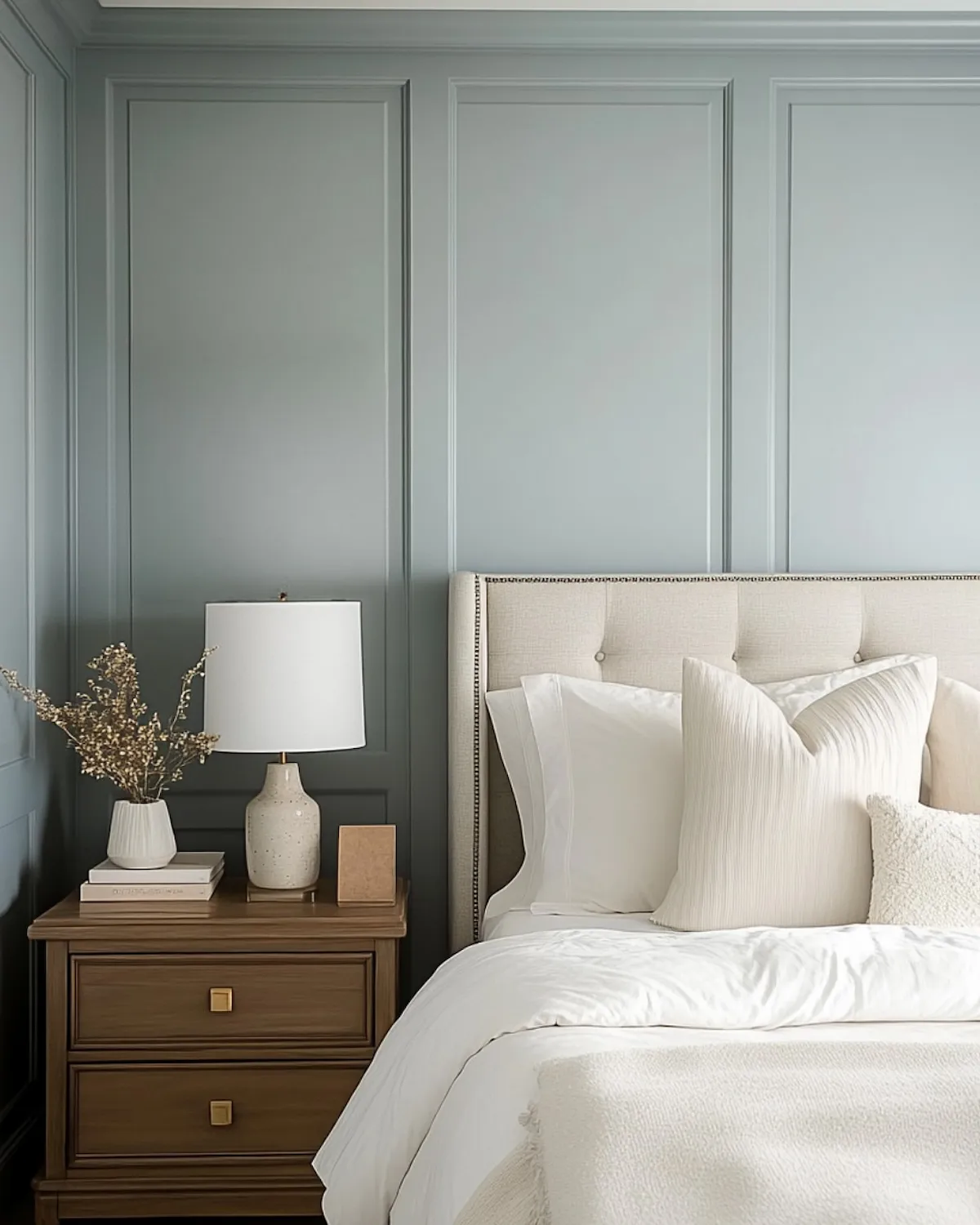 Wandfarbe Dusty Blue für die Schlafzimmer-Wand