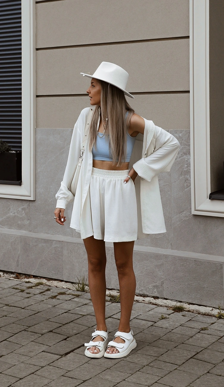 zweiteiler aus shorts und oversized hemd in offwhite
