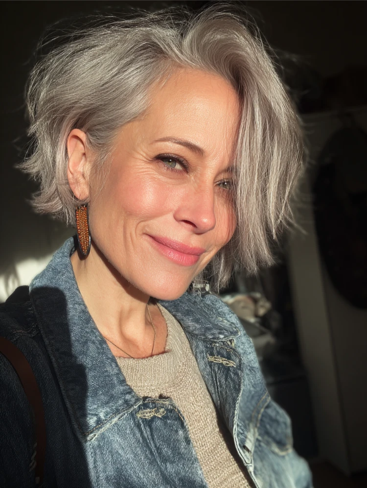 50 jahre alte frau mit stilvollem bixie schnitt in grauer farbe