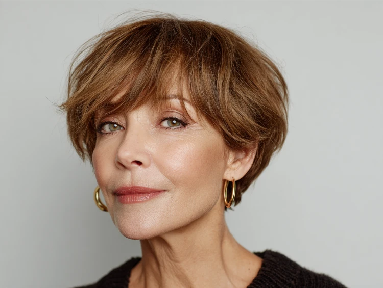 Ältere frau mit bixie schnitt in hellbraun