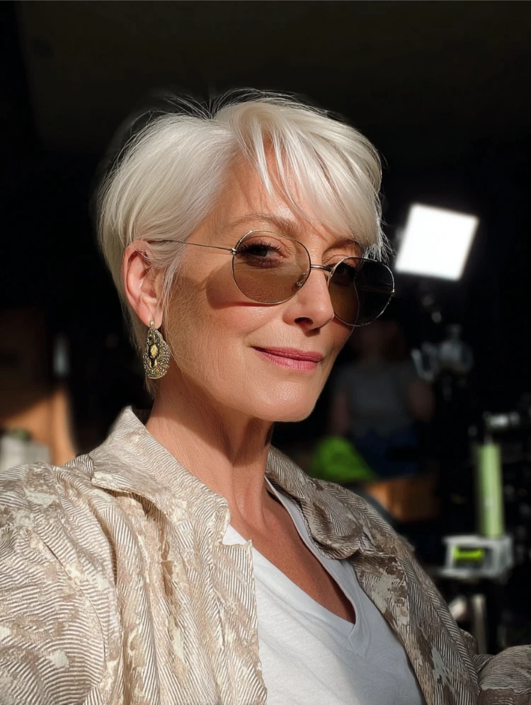 ältere selbstbewusste frau mit stilvollem seitlich geschwungenem bixie in weiß und sonnenbrille a la meryl streep