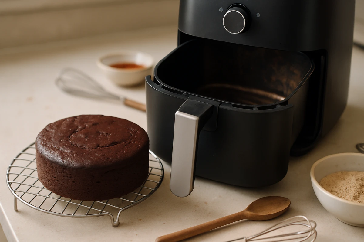 gebackener kleiner Schokoladenkuchen, der neben dem Airfryer abkühlt