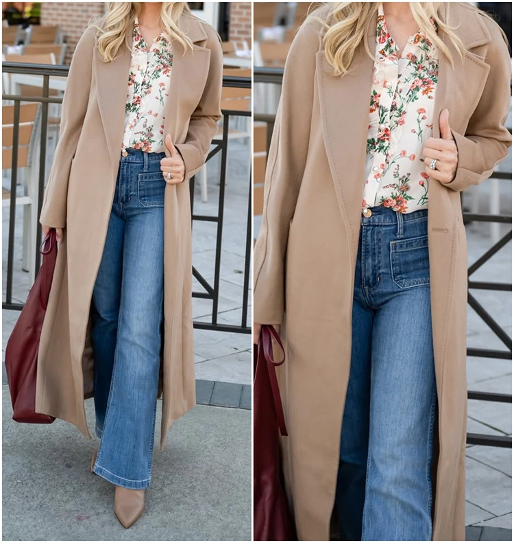 beiger mantel + florale bluse + helle wide leg jeans + spitze pumps