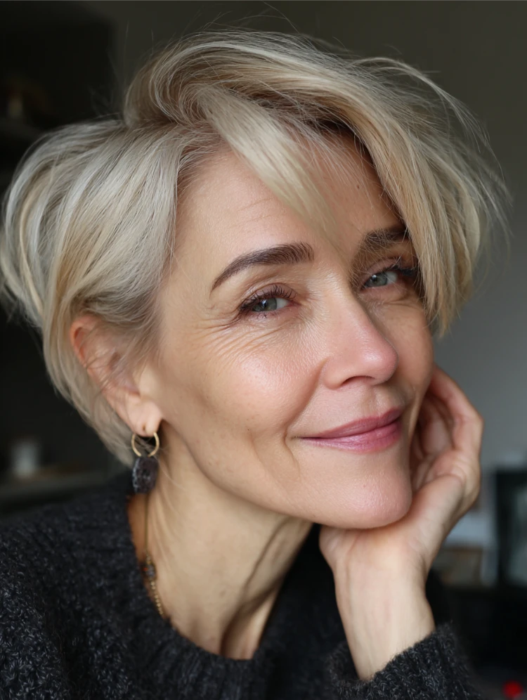 bixie haarschnitt mit feinem haar und dezenten blonden strähnchen