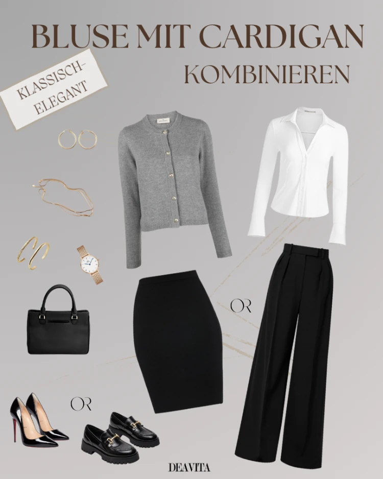 bluse mit cardigan kombinieren klassisch elegant fürs büro