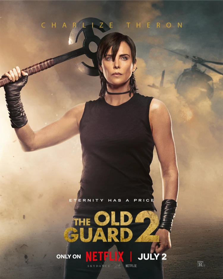 charlize theron mit ihrer neuen mullet frisur auf dem poster von the old guard 2