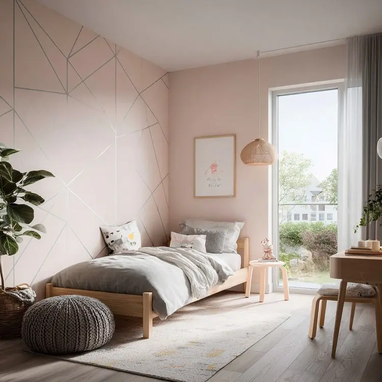 Dezentes geometrisches Muster aus grauen Linien auf einer rosafarbenen Wand am Bett