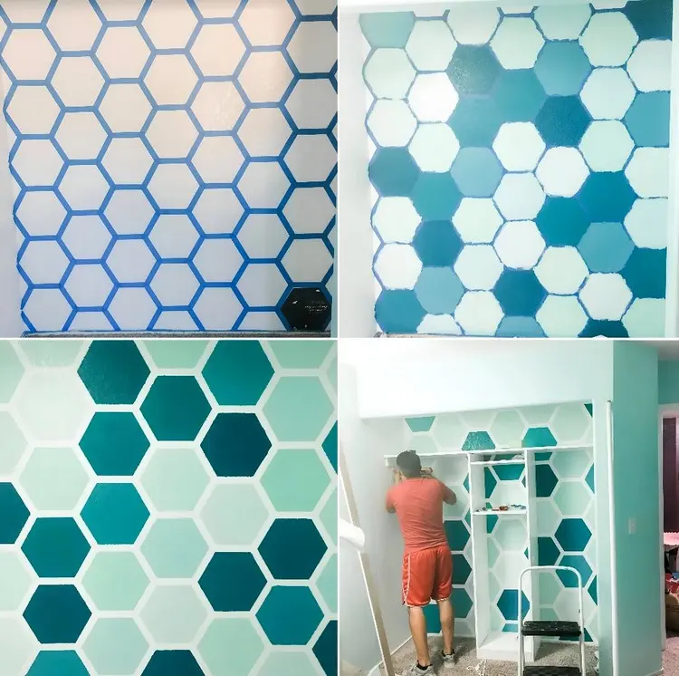 Die Sechsecke mit Malerkrepp abkleben und mit Farbrolle streichen