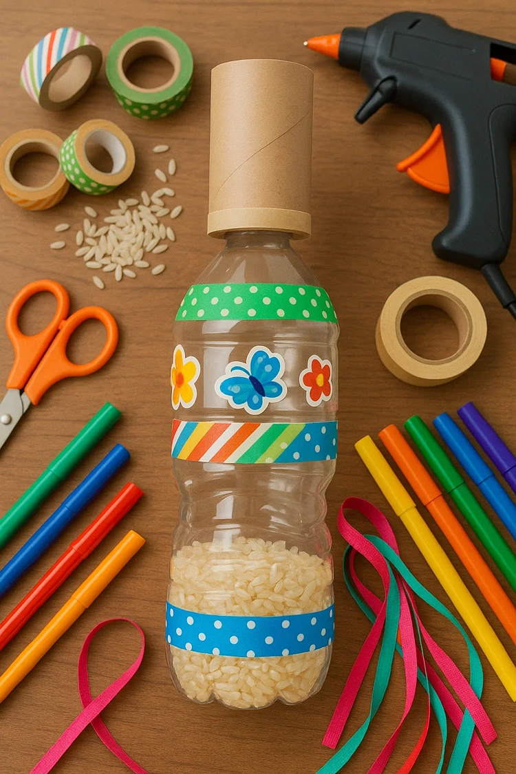 diy maraca aus flasche mit reis gefüllt