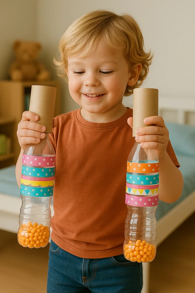 diy maracas aus leeren flasche mit washi tape dekoriert