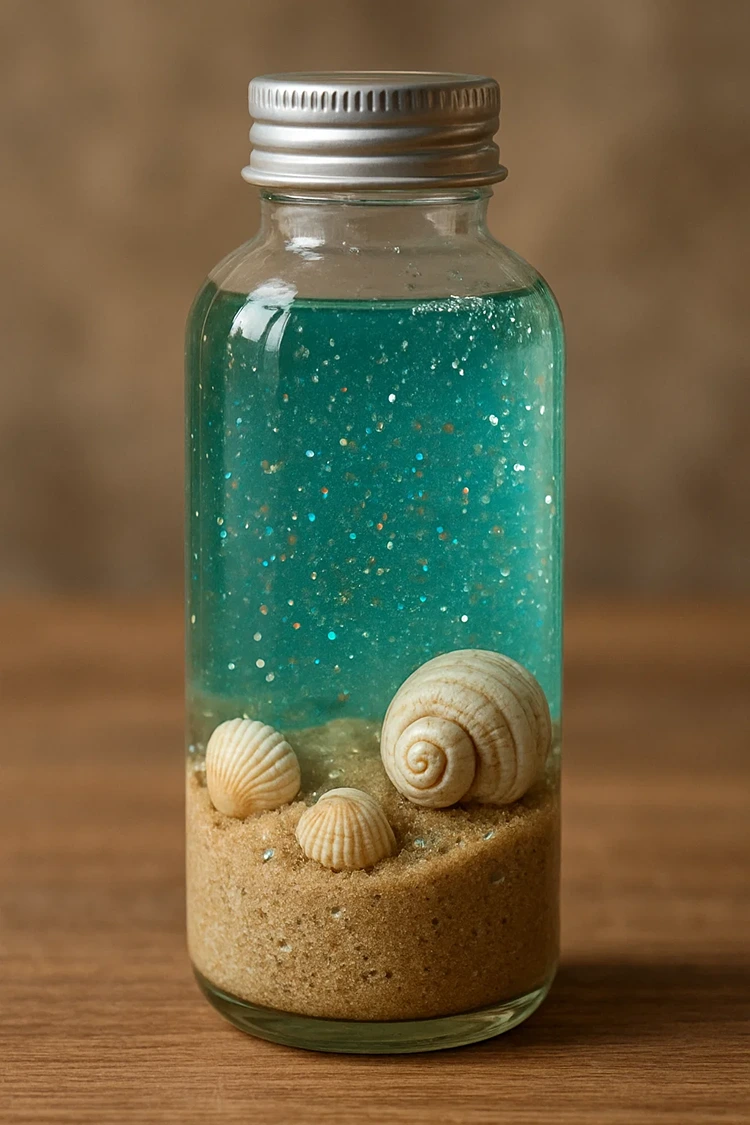 diy ozean flasche mit sand muscheln und glitzer