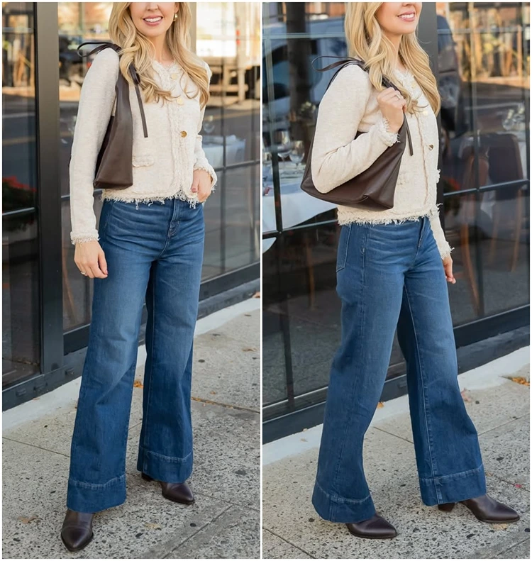 dunkelblaue wide leg jeans mit cropped cardigan und braunen lederboots