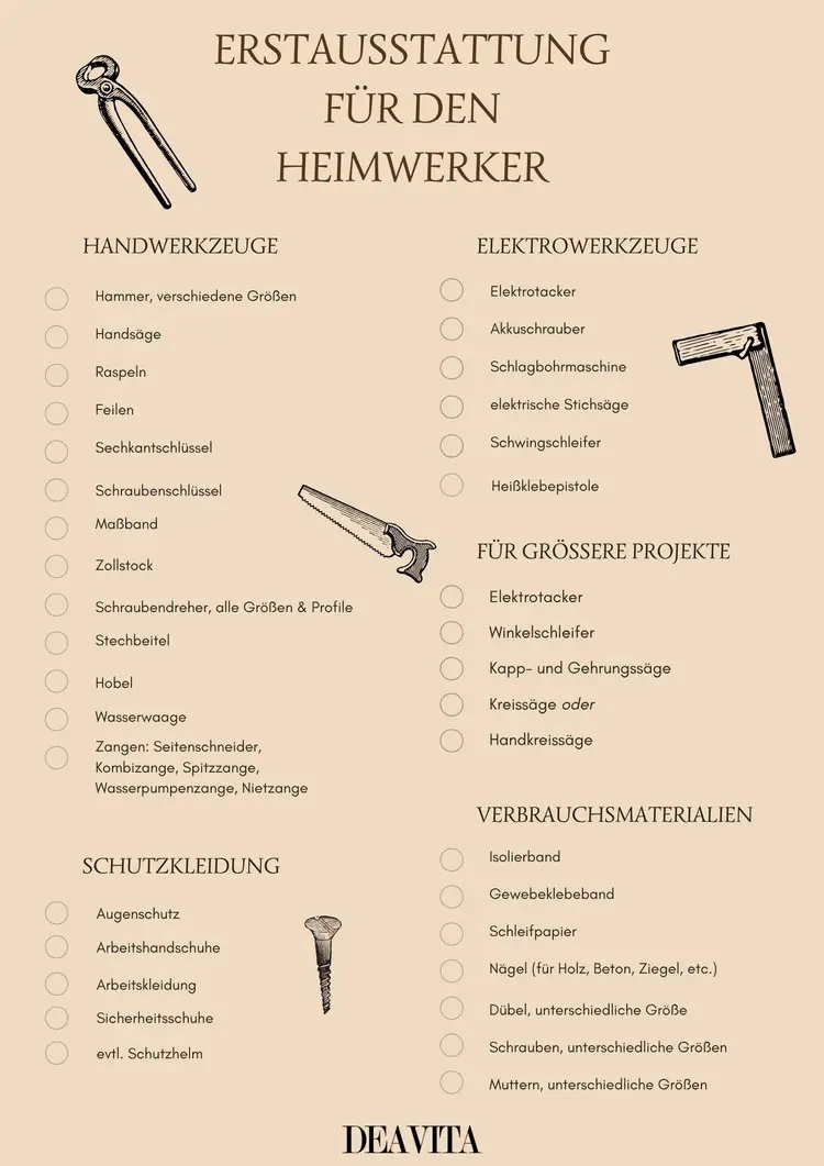 Einkaufsliste für die Ausstattung mit Werkzeug, Elektrogeräte und andere Utensilien