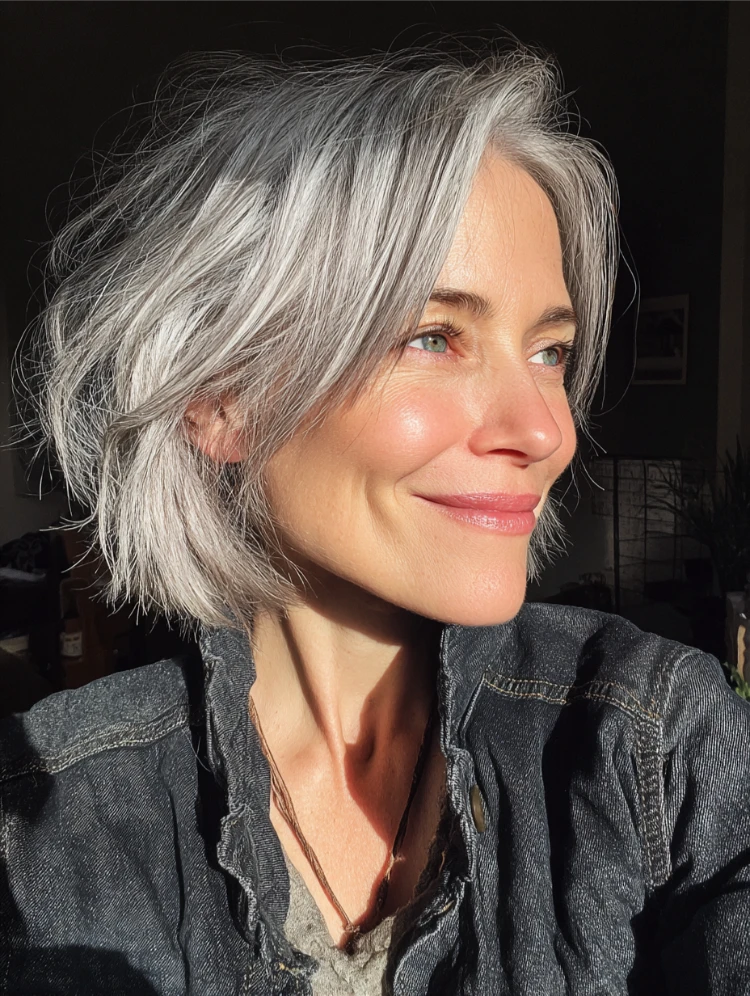 frau ab 40 mit bixie haarschnitt in grauer farbe macht ein selfie