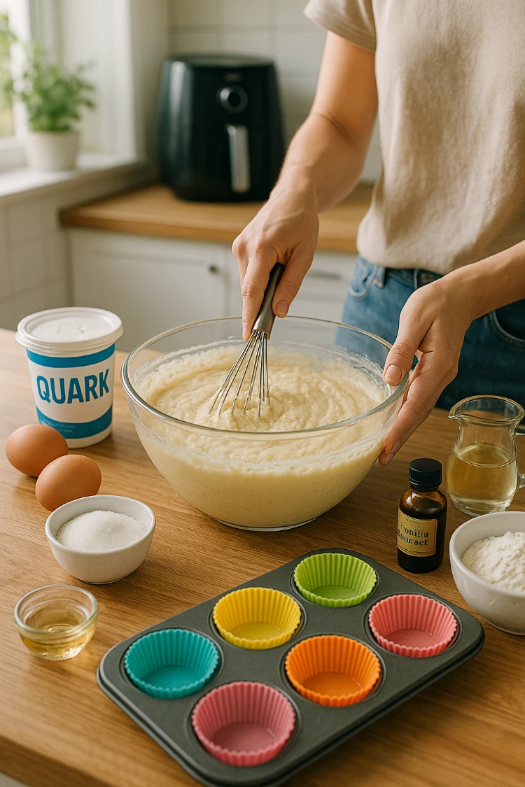 frau bereitet teig für quarkmuffins vor