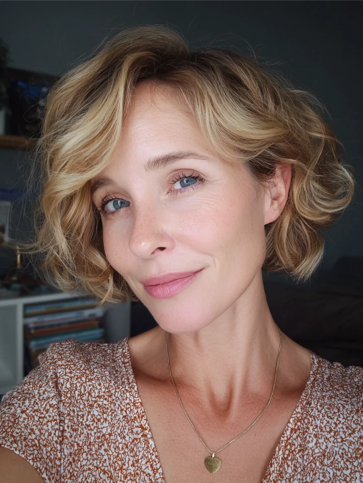 frau mit bixie haarschnitt in blond mit strähnchen und locken