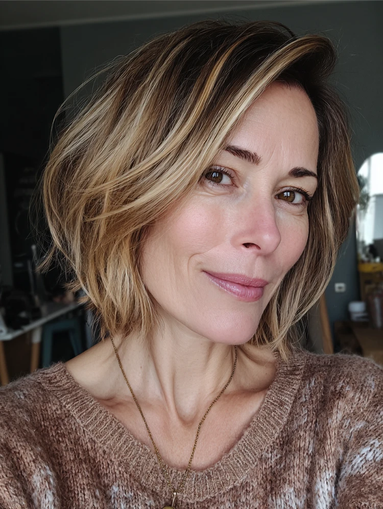 frau mit bixie haarschnitt, sanfte babylights in warmem blondton