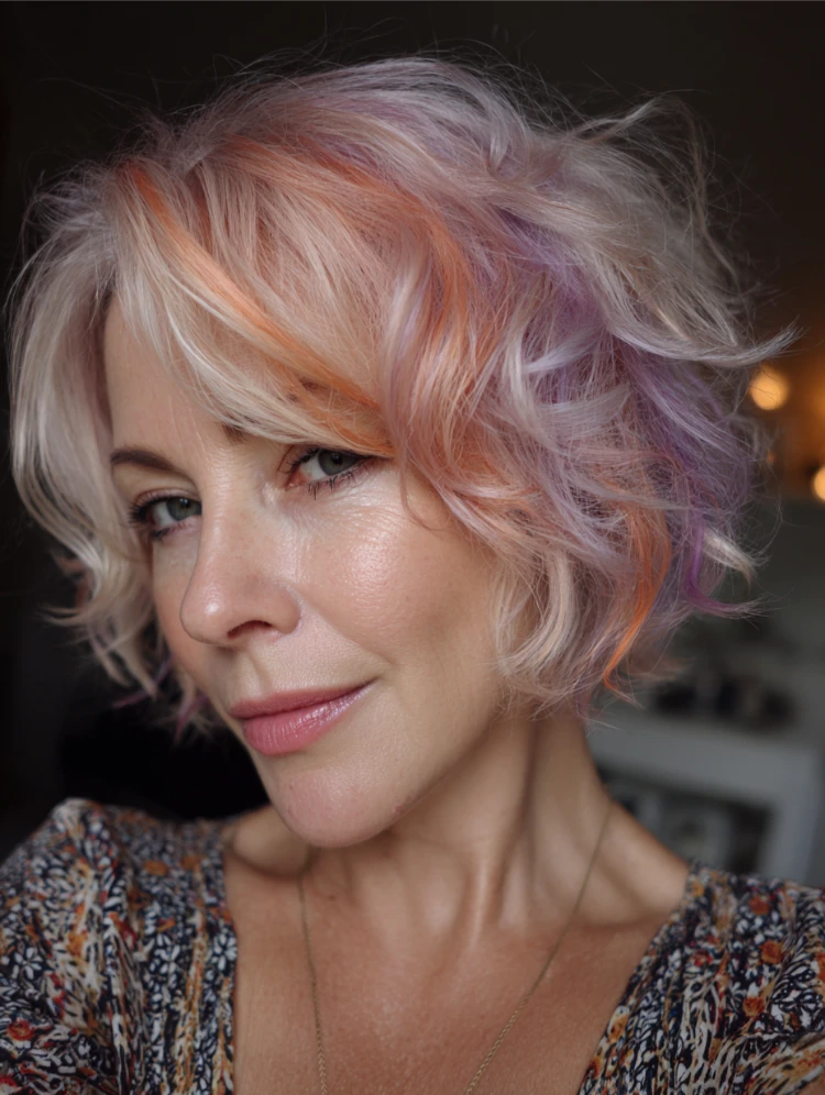 frau mit bixie schnitt und pastell highlights