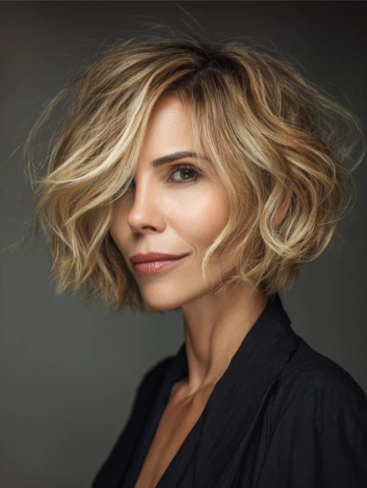 frau mit blondem bixie haarschnitt und strähnchen