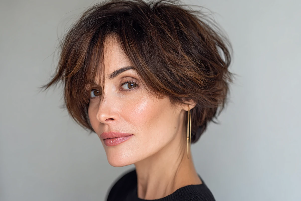 frau mit braun bixie cut