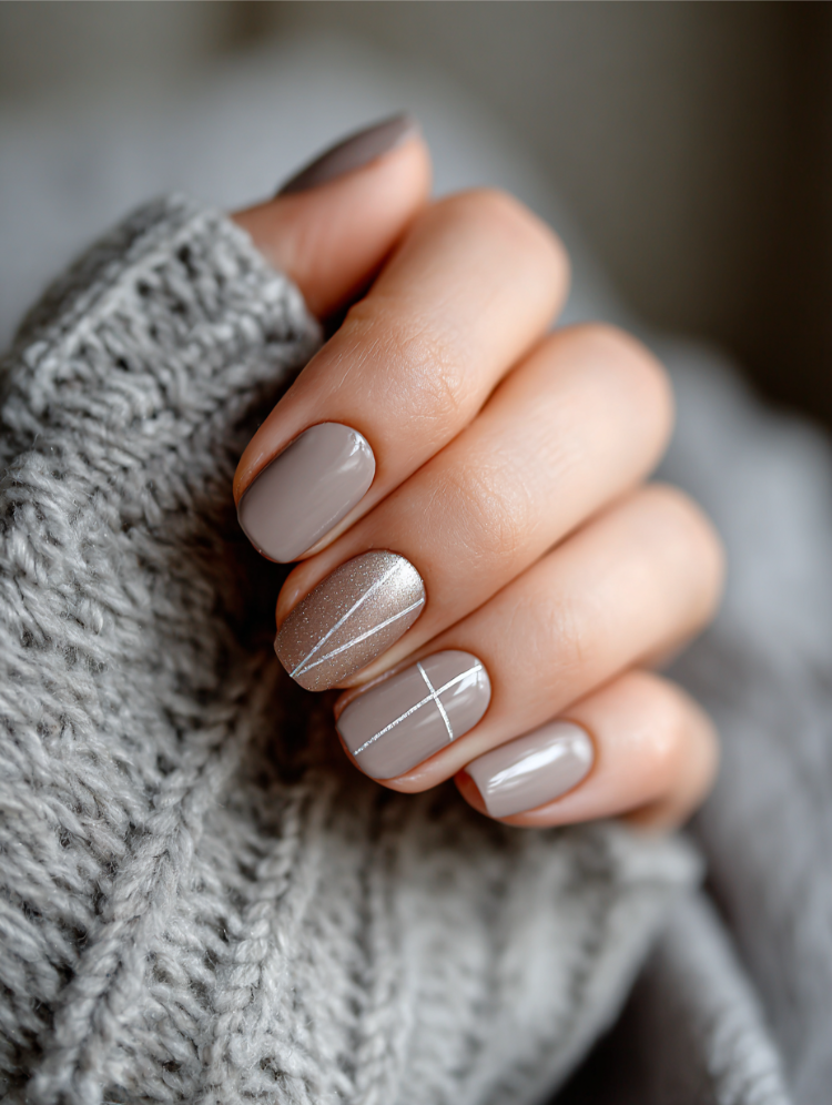 frau mit greige french nails mit nagelkunst