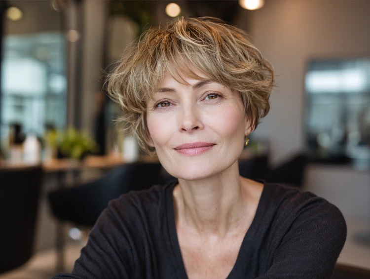 frau mit hellbraunem bixie schnitt mit strähnchen