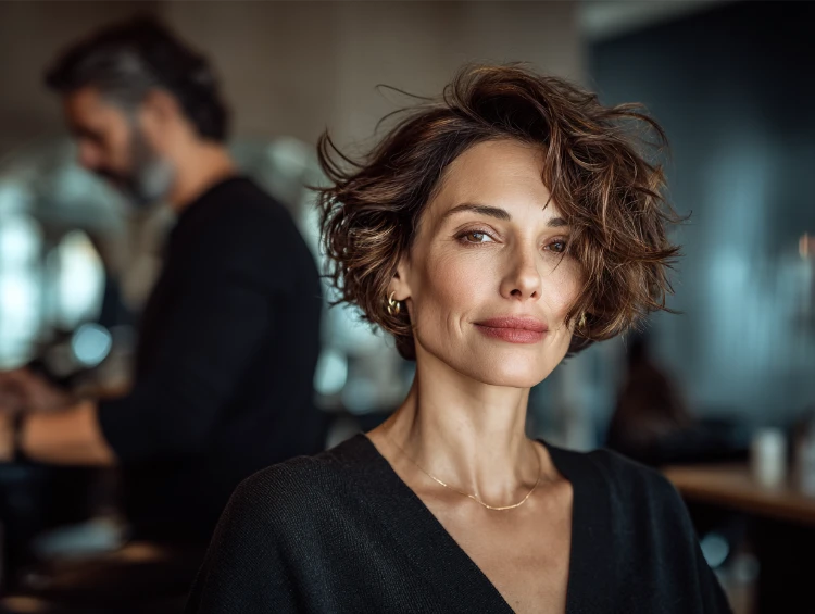 frau mit modischem bixie schnitt in braun sitzt im friseursalon