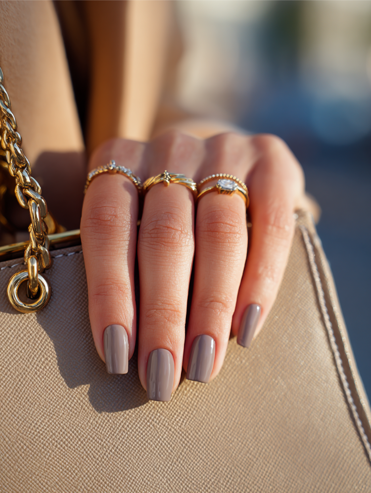 frau mit quadratischen greigefarbenen nägeln und goldenen ringen mit beiger handtasche