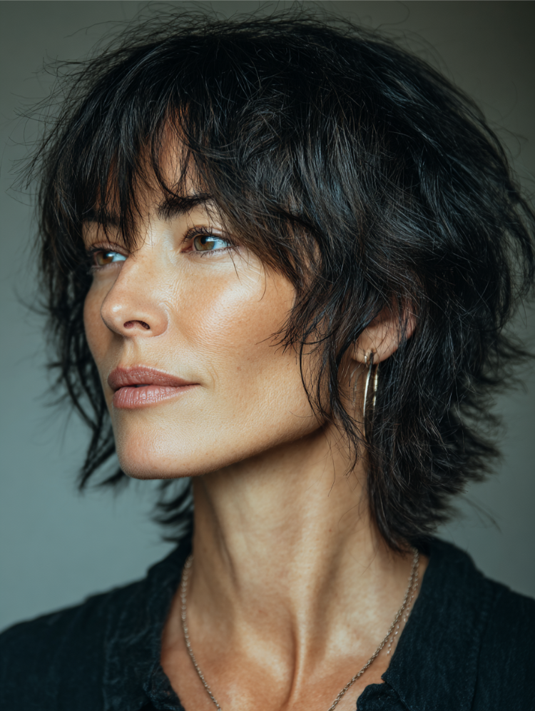 frau mit schwarzen haaren und vokuhila frisur