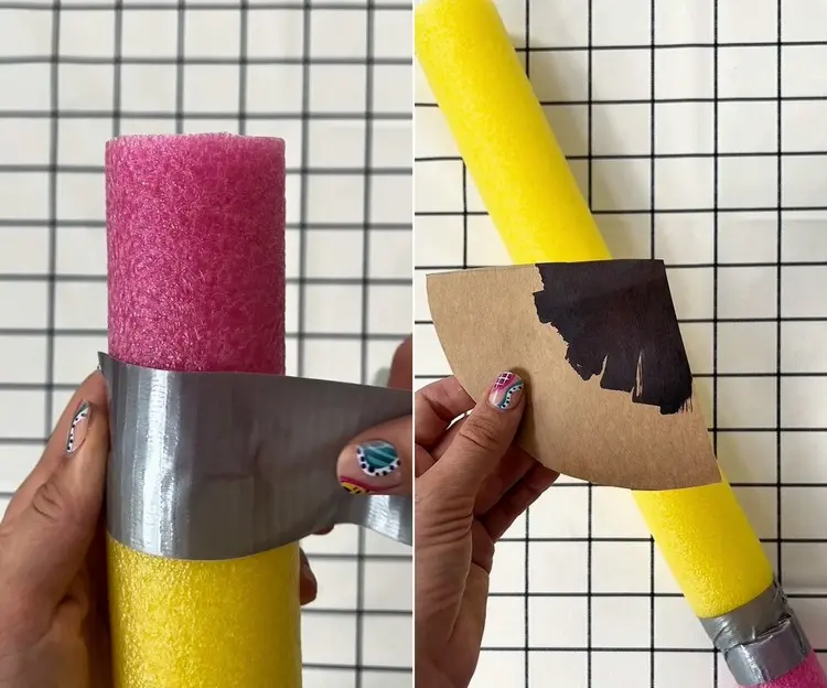 Gelbe und pinke Poolnudel mit Klebeband zusammenkleben