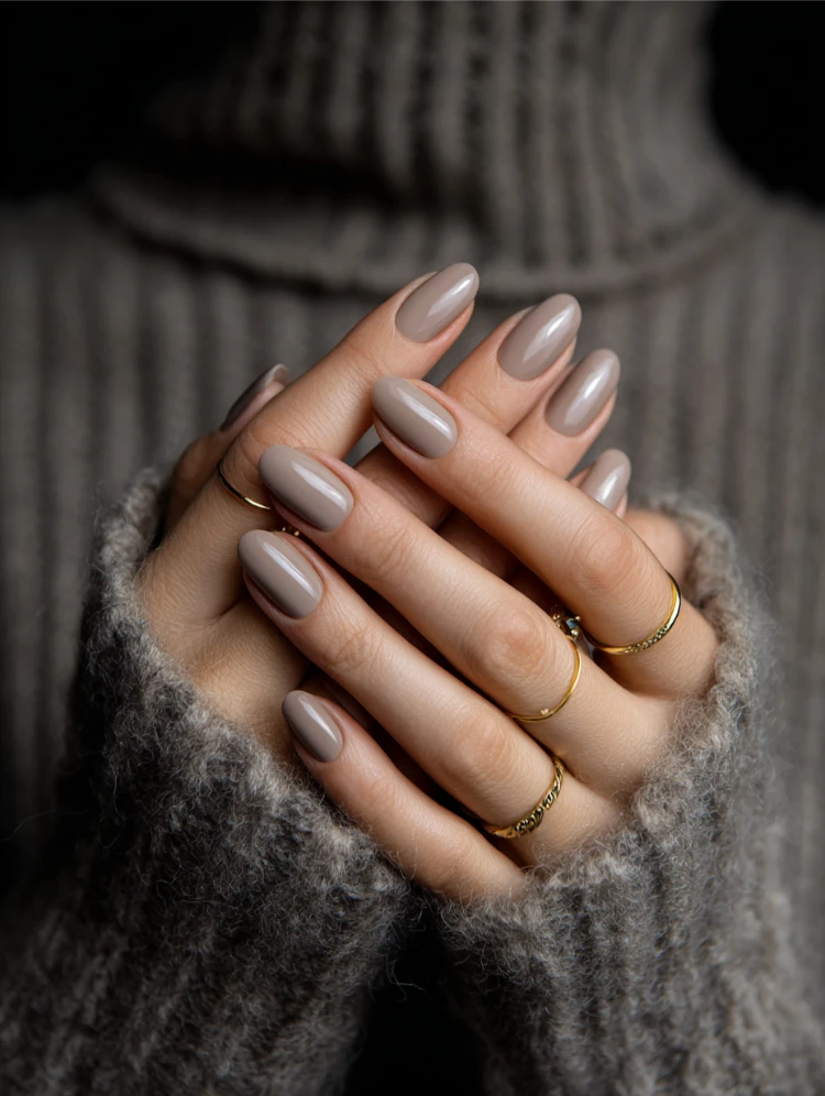 greigefarbene nägel kombiniert mit goldenen ringen