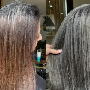 grey blending bei braunen haaren trend färbetechnik, um graue haare und grauen ansatz zu kaschieren