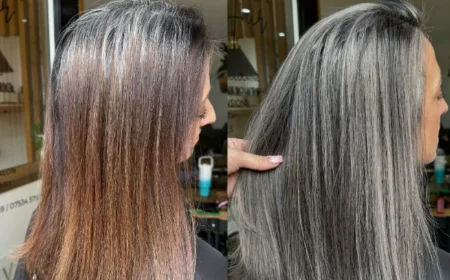 grey blending bei braunen haaren trend färbetechnik, um graue haare und grauen ansatz zu kaschieren