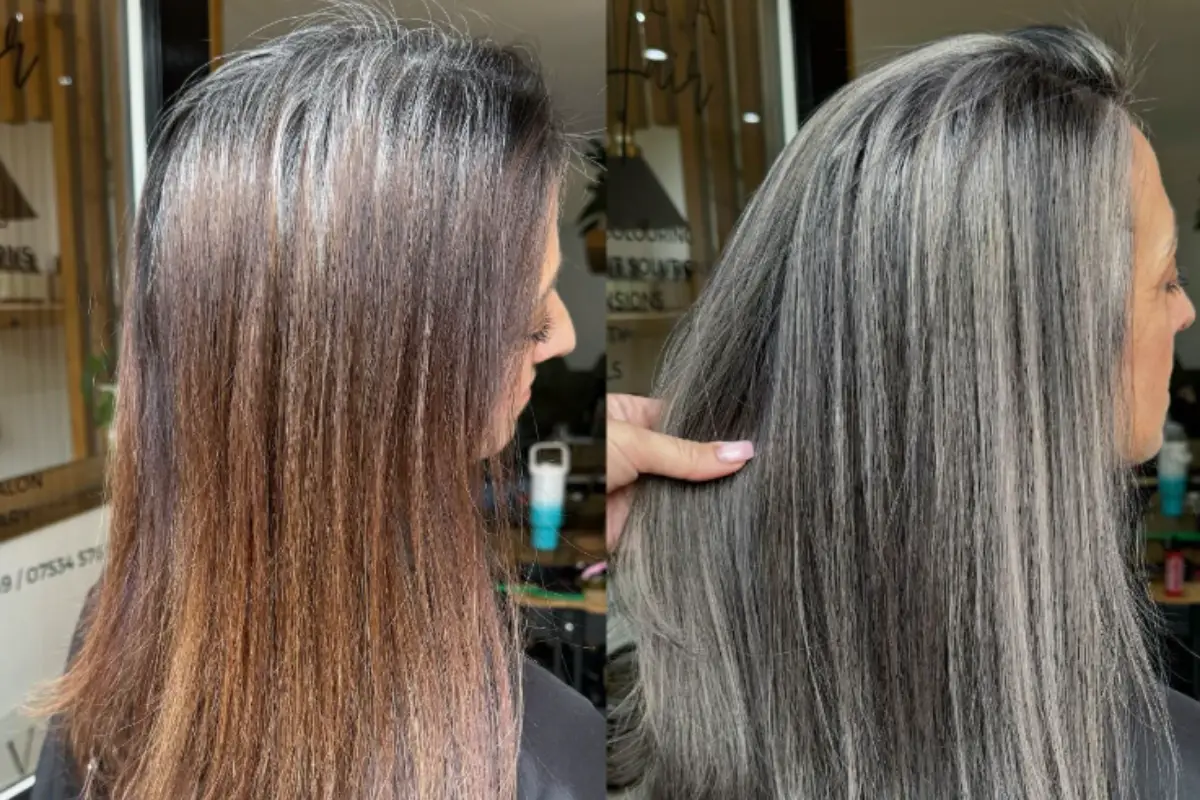 grey blending bei braunen haaren trend färbetechnik, um graue haare und grauen ansatz zu kaschieren