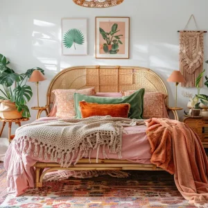 helles boho schlafzimmer mit pflanzen und bunten textilien