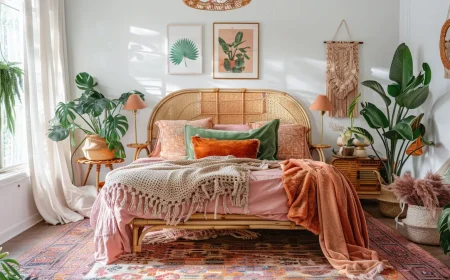 helles boho schlafzimmer mit pflanzen und bunten textilien