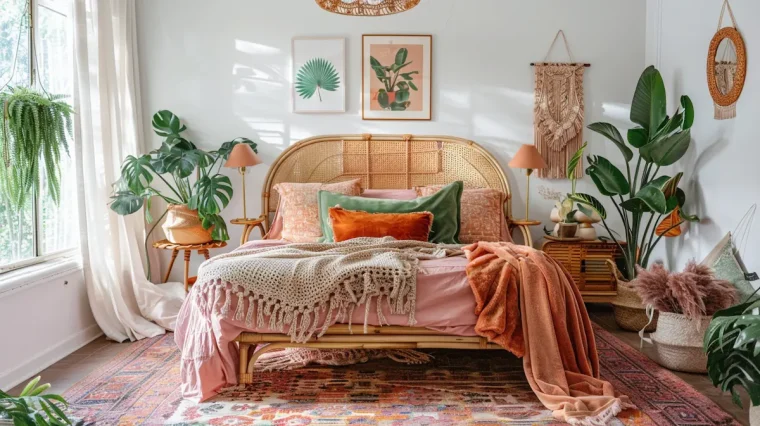 helles boho schlafzimmer mit pflanzen und bunten textilien