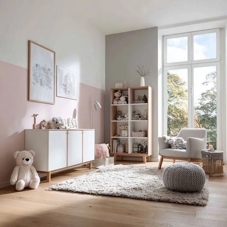 Hellgraue Akzentwand am Fenster und anliegende Wand in Weiß und Rosa