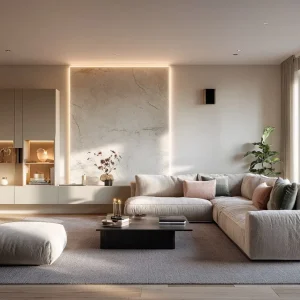 Ideen für indirekte Beleuchtung im Wohnzimmer - Akzentwand mit Paneel aus Marmor