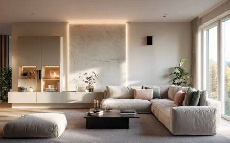 Ideen für indirekte Beleuchtung im Wohnzimmer - Akzentwand mit Paneel aus Marmor