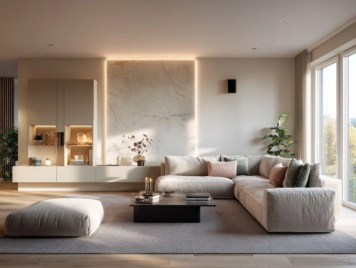 Ideen für indirekte Beleuchtung im Wohnzimmer - Akzentwand mit Paneel aus Marmor