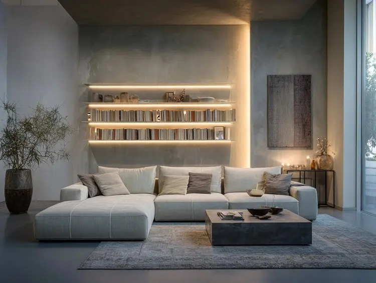 Ideen für indirekte Beleuchtung im Wohnzimmer - Regale mit Büchern oder Deko beleuchten