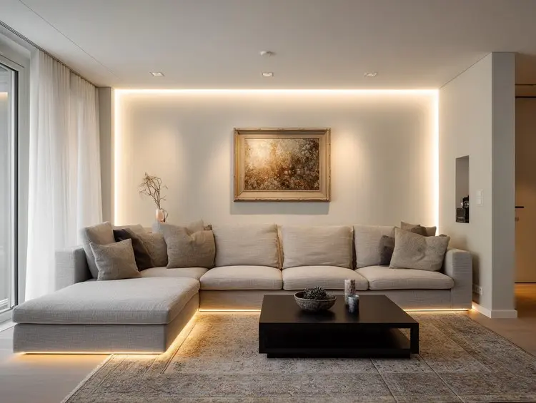 Ideen für indirekte Beleuchtung im Wohnzimmer - Sofa und Akzentwand hervorheben